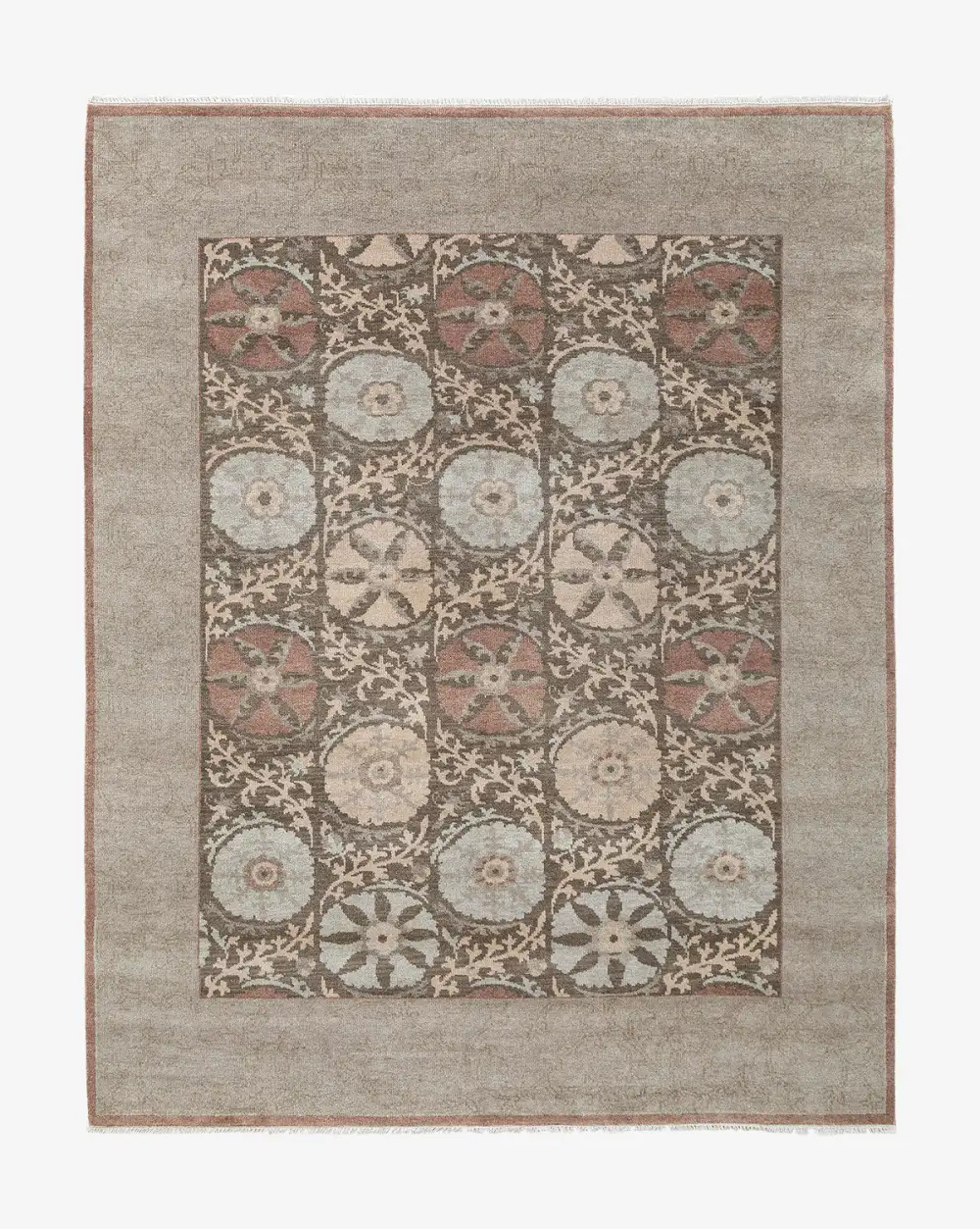 Floral Bordered Hand-Knotted Wool Area Rug