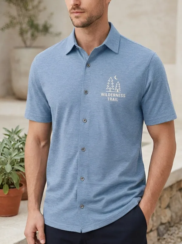 Men's Wilderness Trail Pine Tree Moon Printed Polo Shirt