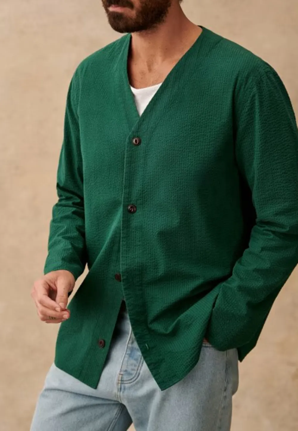 Green Seersucker V-Neck Button Front Jacket