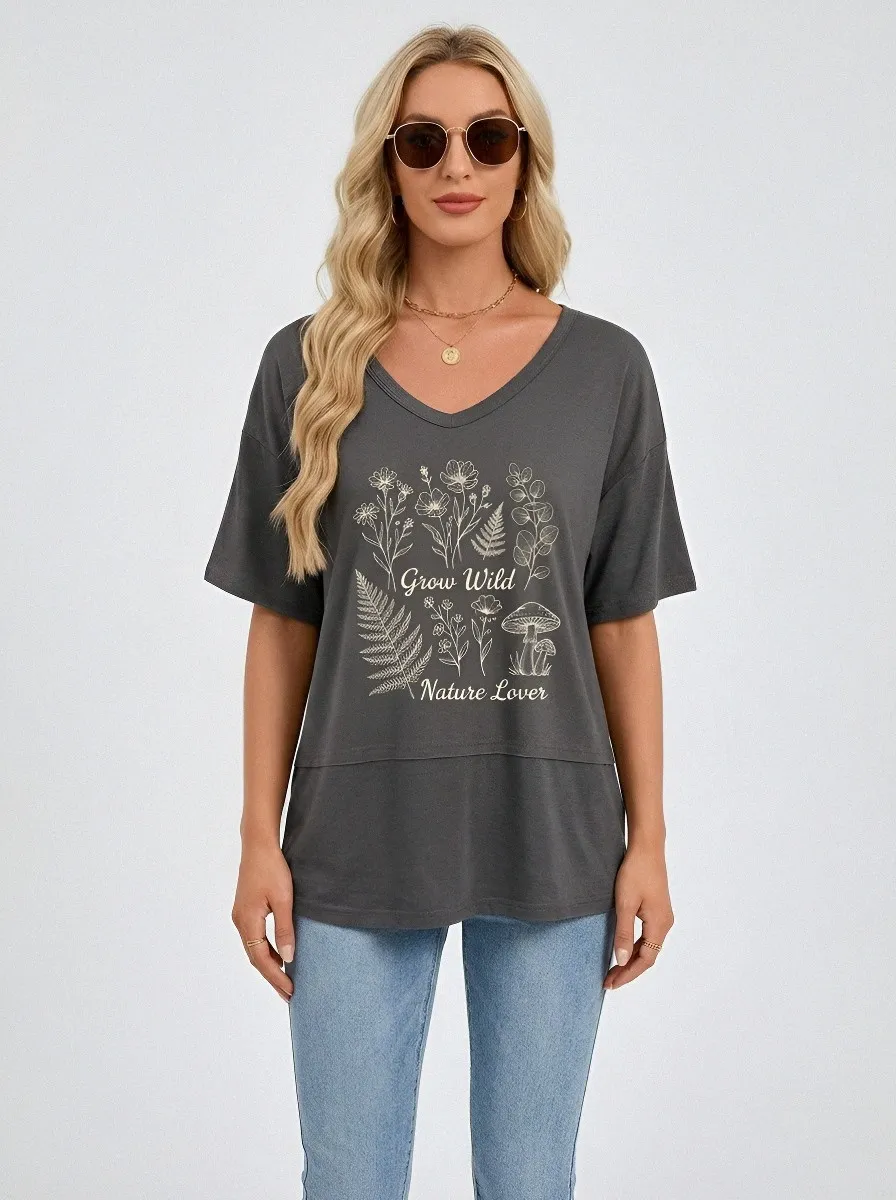 Women's Nature Lover Grow Wild Mushroom Floral Printed T-shirt