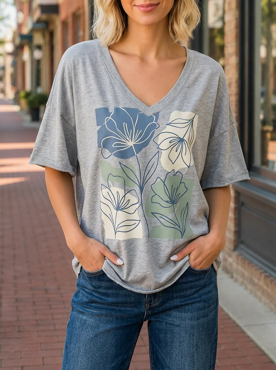 Women's Floral Lover Abstract Botanical Printed V-neck T-shirt