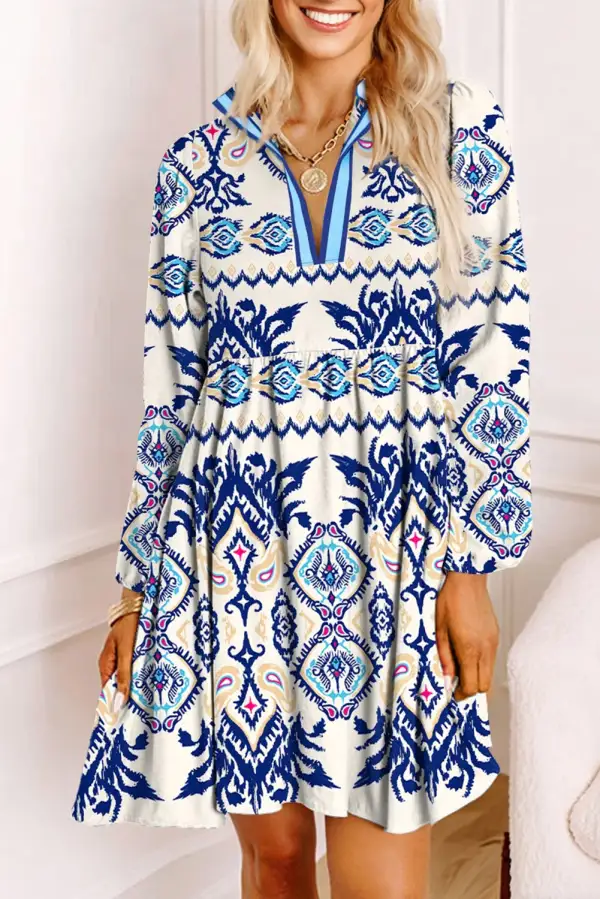 Striped Printed Split Neck Mini Dress