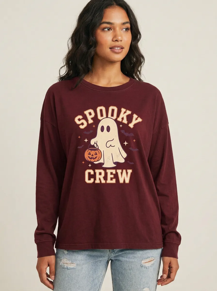 Women's Halloween Spooky Crew Ghost Pumpkin Printed Long Sleeve T-shirt