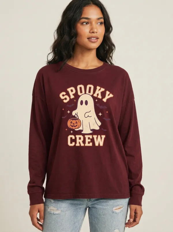 Women's Halloween Spooky Crew Ghost Pumpkin Printed Long Sleeve T-shirt