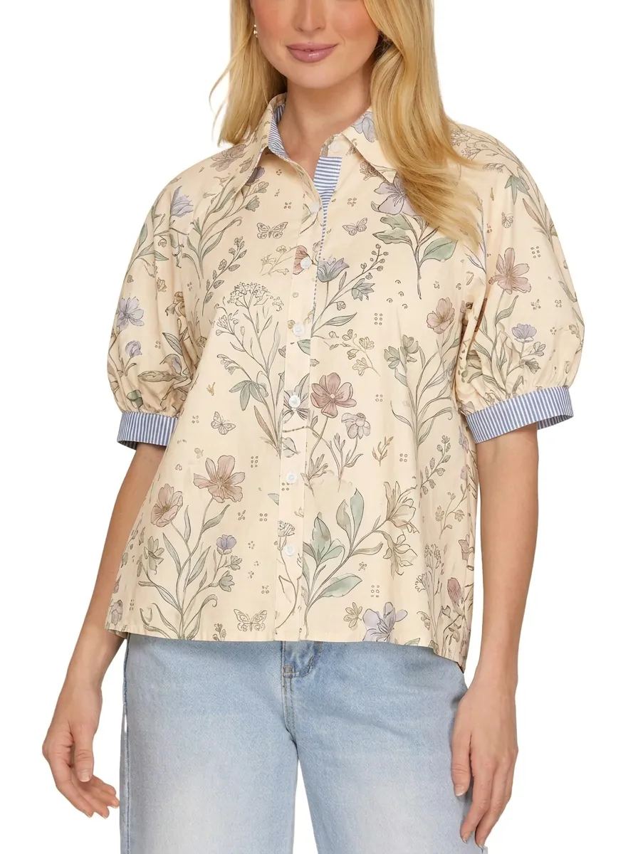 Women's Floral Butterfly Botanical Printed Puff Sleeve Shirt