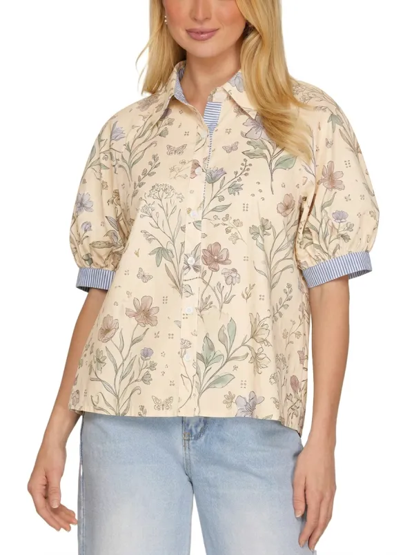 Women's Floral Butterfly Botanical Printed Puff Sleeve Shirt