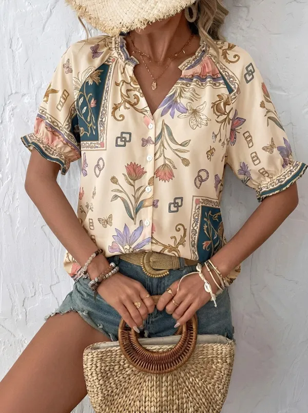 Women's Bohemian Floral Butterfly Chain Printed V-Neck Blouse