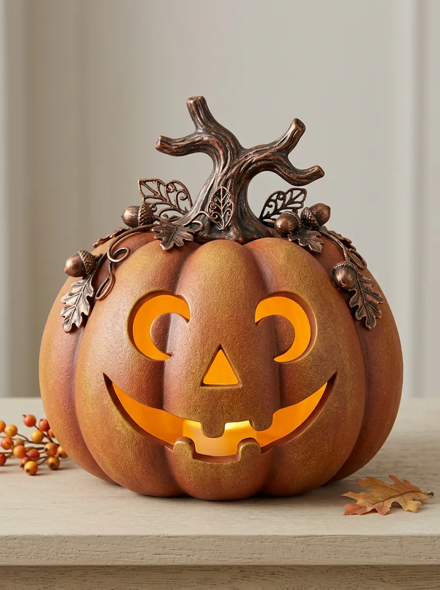 Halloween Jack-O-Lantern Acorn Leaf Metal Table Ornament