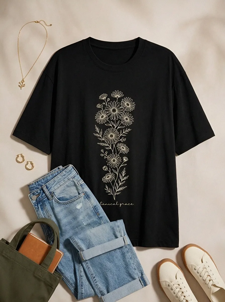 Women's Botanical Grace Daisy Flower Printed T-shirt