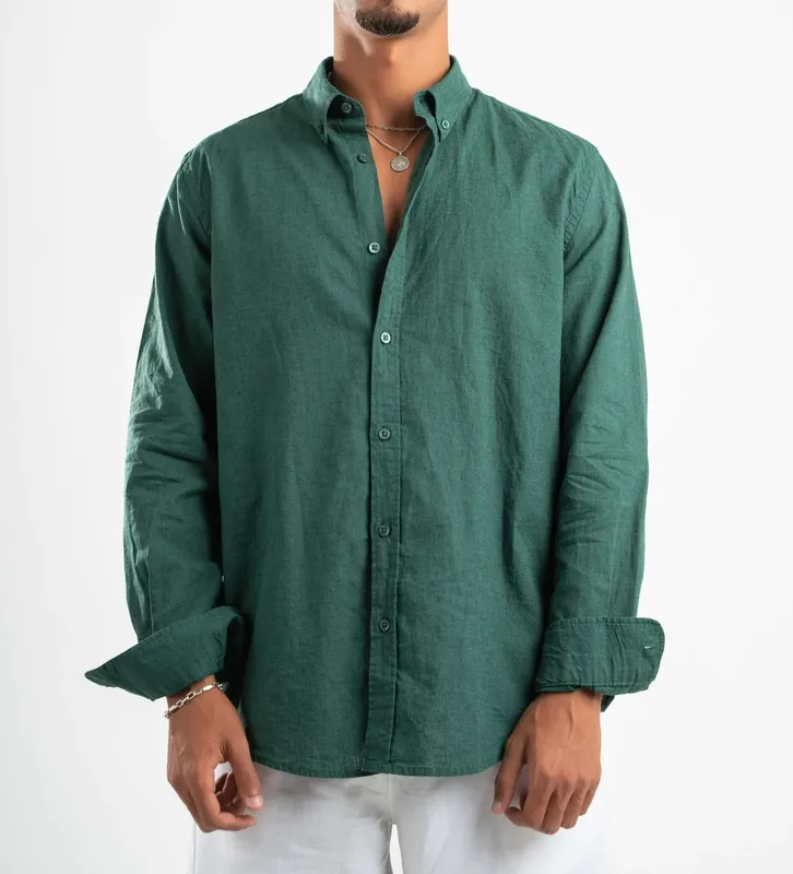 Dark Green Linen Button Front Shirt