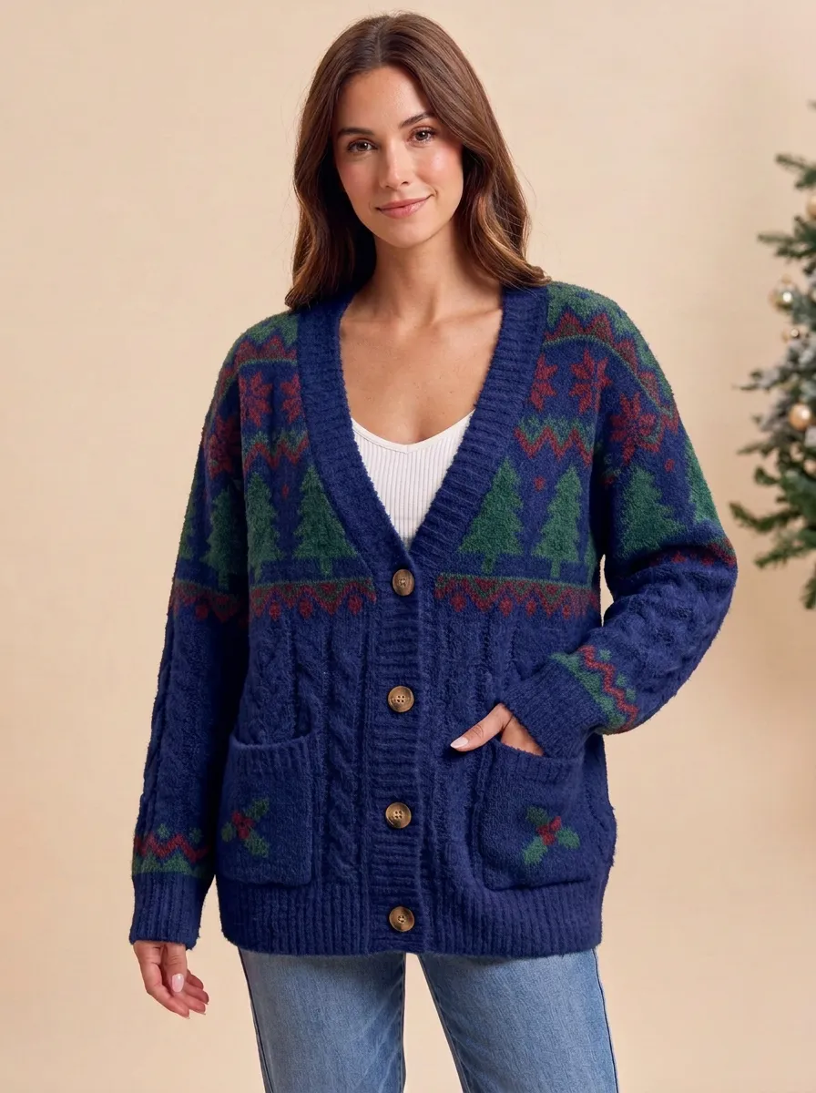 Women's Christmas Cream Fair Isle Tree Snowflake Knitted Cardigan
