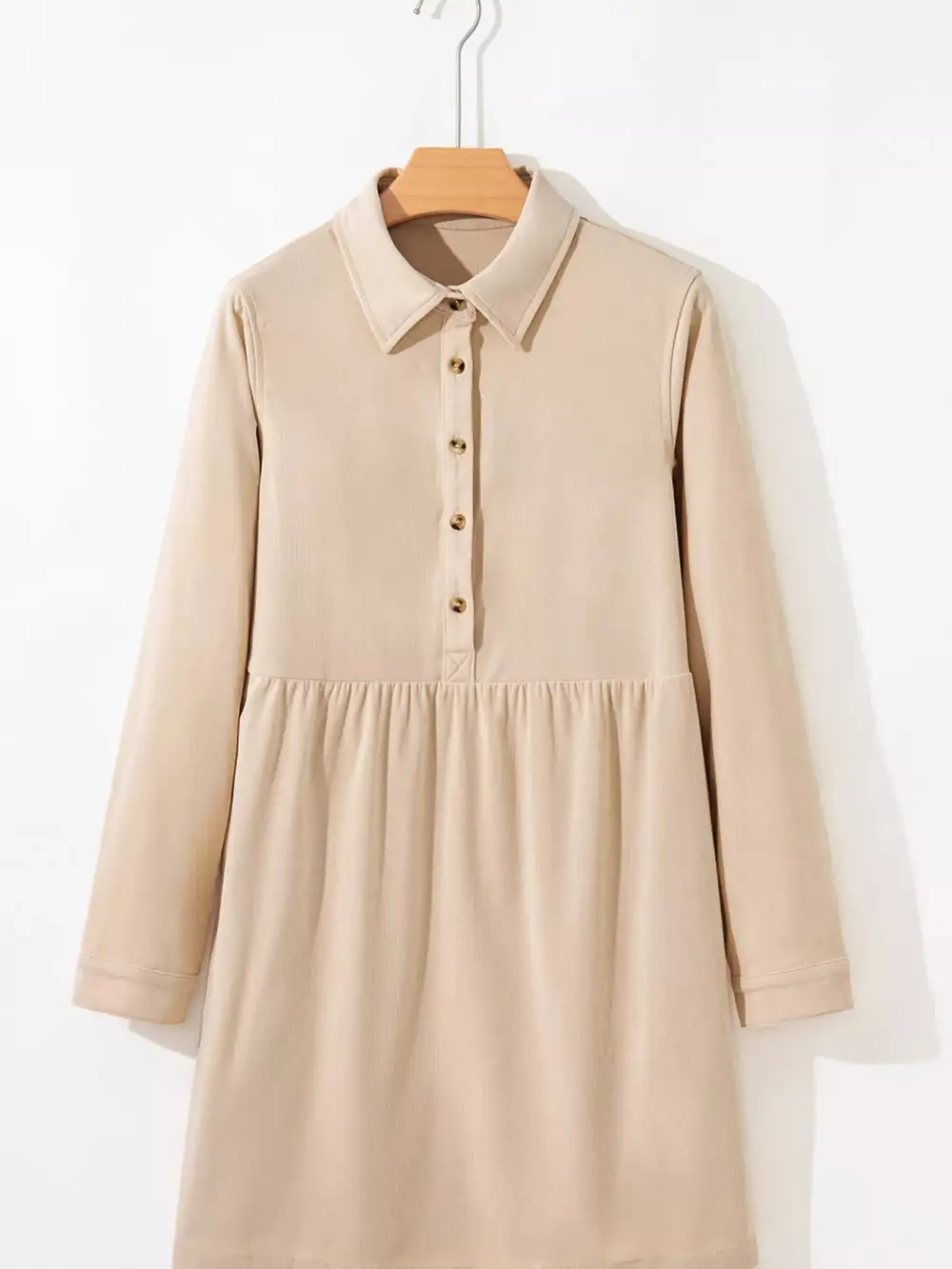 Polished Detail Corduroy Half Button Long Sleeve Mini Dress