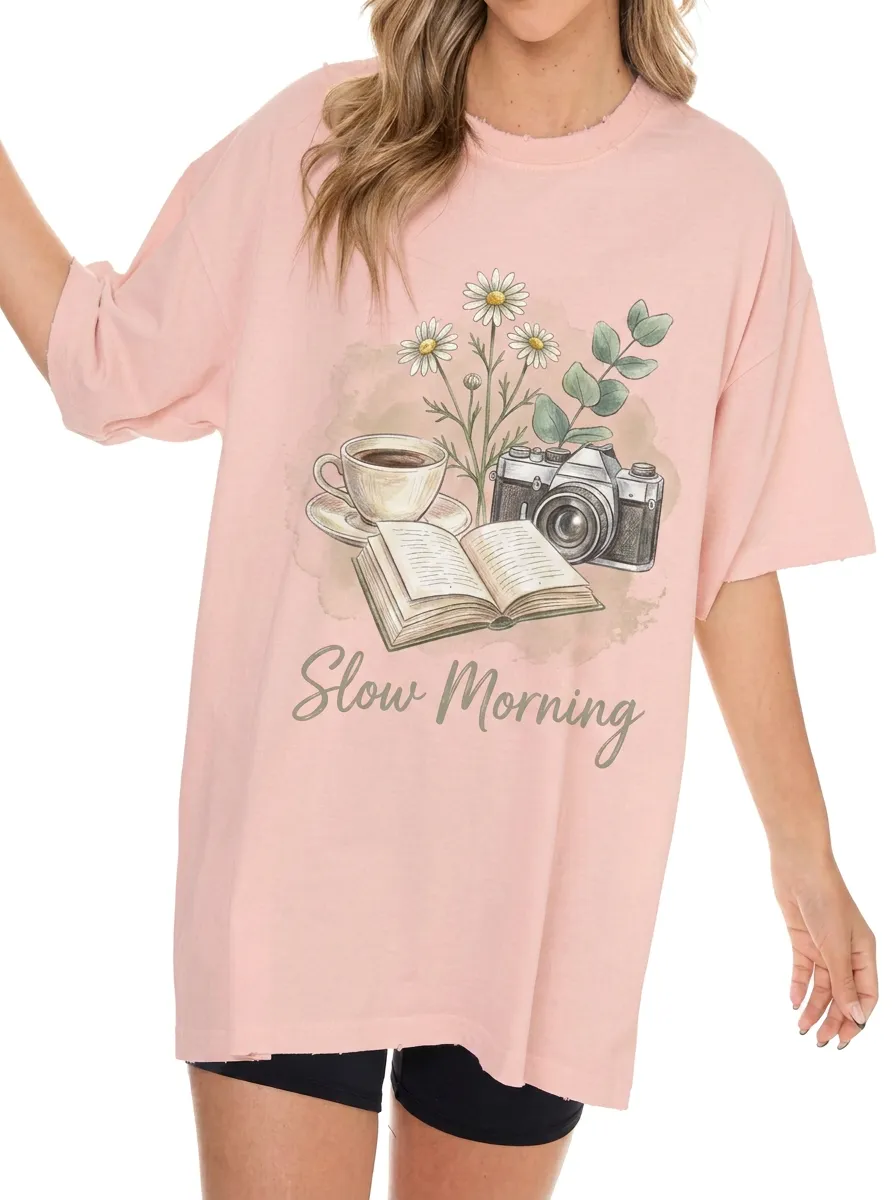 Women's Slow Morning Coffee Book Camera Printed T-shirt