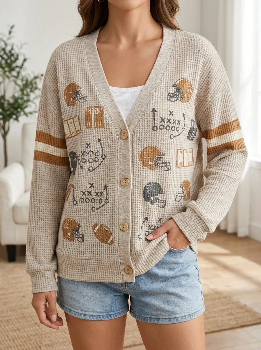 Women's Sideline Football Fan Helmet Playbook Printed Waffle Cardigan