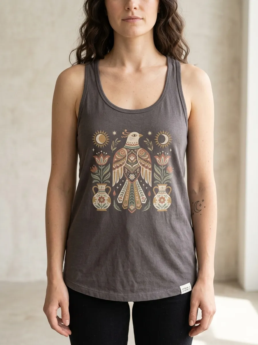 Women's Boho Celestial Bird Floral Vase Printed Tank Top