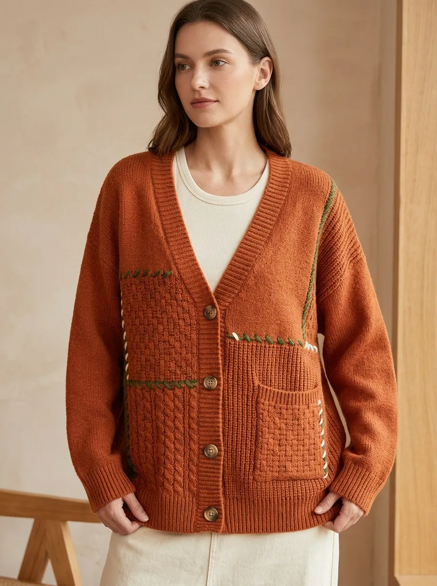 Patchwork Stitching Patterned Women's Knit Cardigan