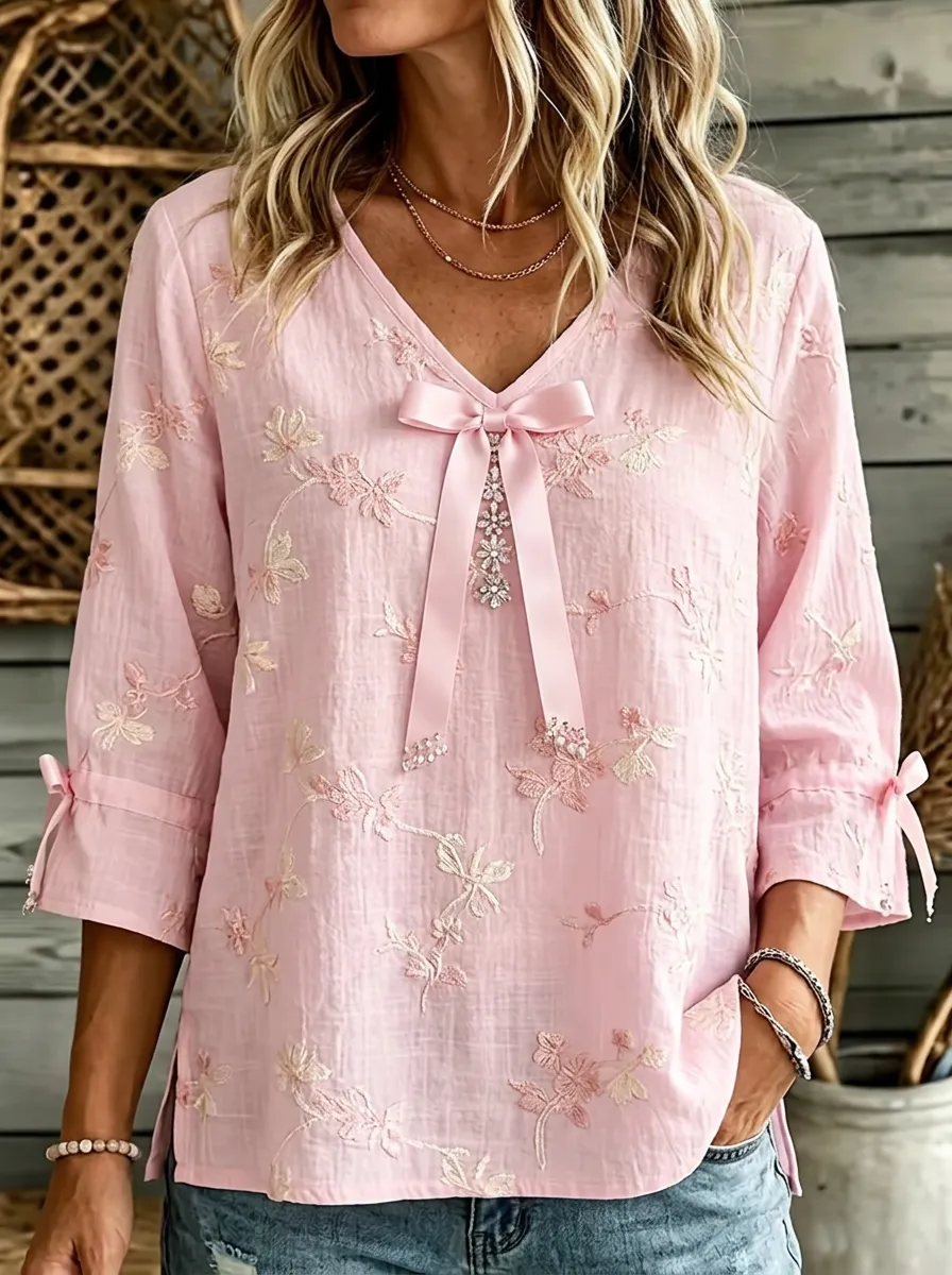 Women's V-neck Bow-detail Floral Embroidered Blouse