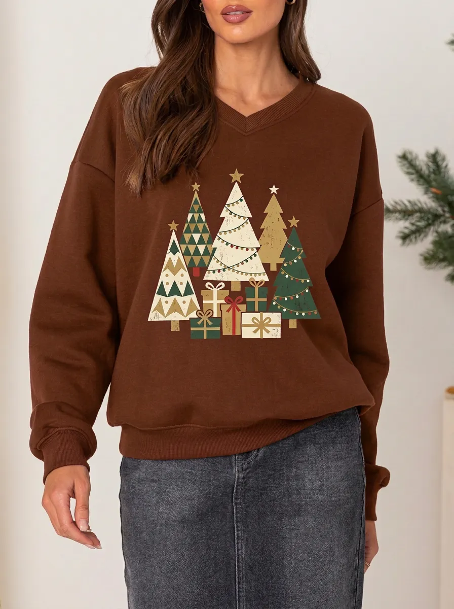 Christmas Holiday Geometric Tree Gift Box Print Sweatshirt
