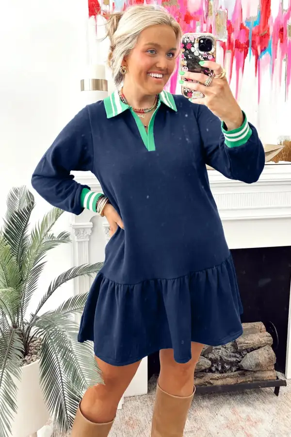 Contrast Striped Cuffs Polo Collar Patchwork Long Sleeve Ruffle Hem Mini Dress