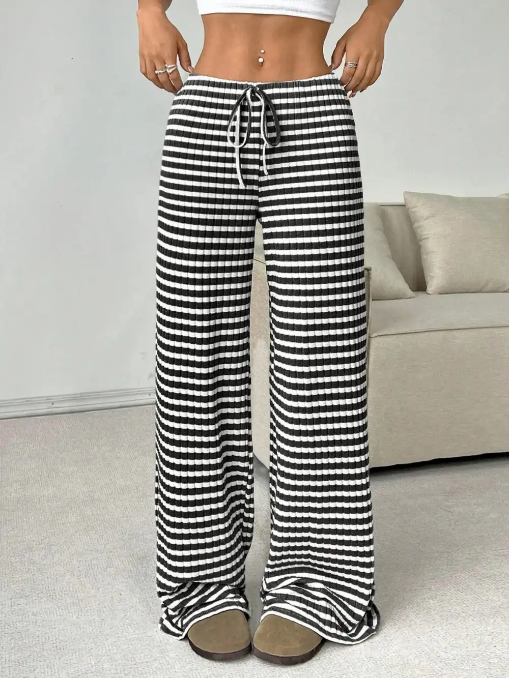 Wide Leg Drawstring Striped Casual Pants