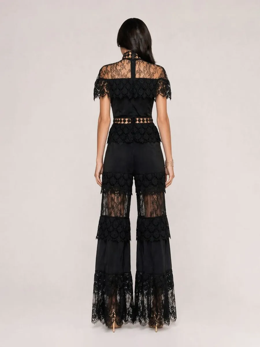 Ivana Elegant High-Neck Ruffled Short-Sleeved Lace Set