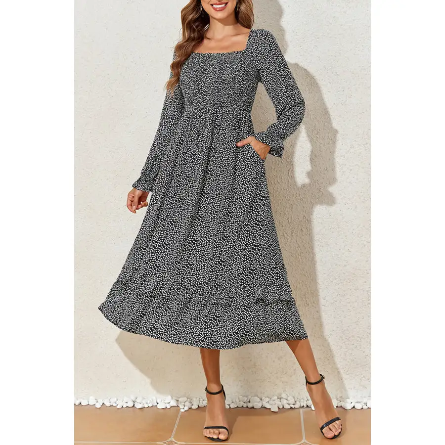 Square Neck Long Sleeve Midi Dress
