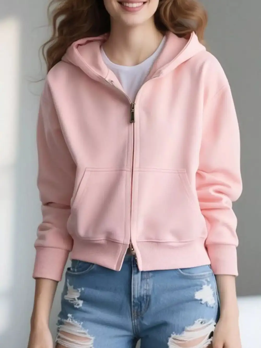 Zip-Detail Pocketed Long-Sleeve Hoodie