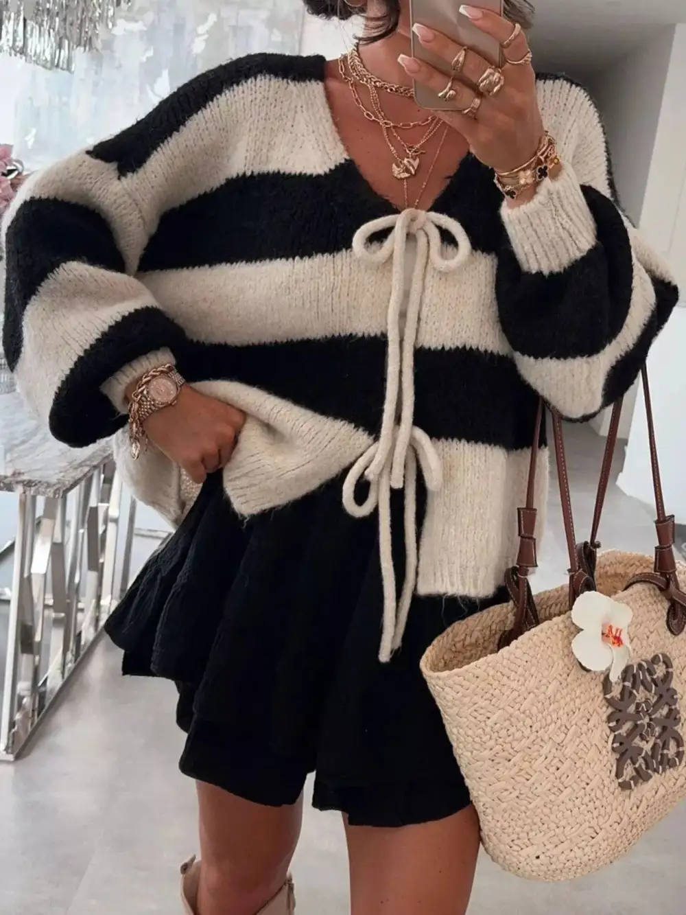 Tie-Front Knit Striped Cardigan