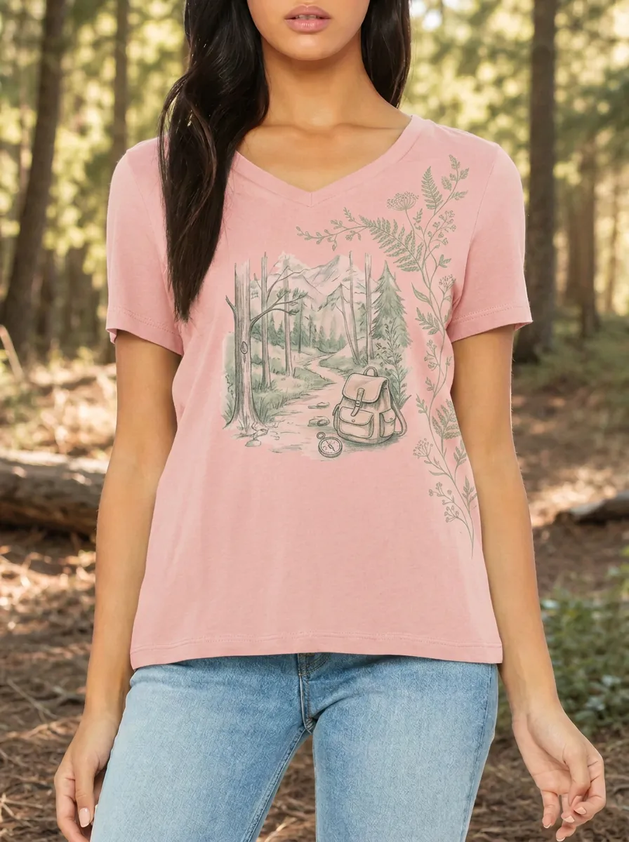 Women's Hiking Nature Lover Forest Backpack Compass Printed T-shirt