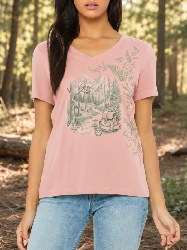 Women's Hiking Nature Lover Forest Backpack Compass Printed T-shirt