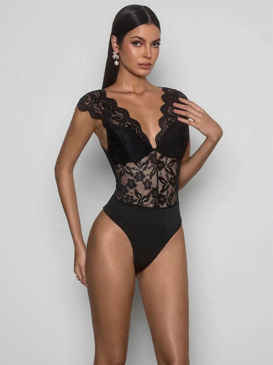 Paulina Plunge Neck Lace Bodysuit