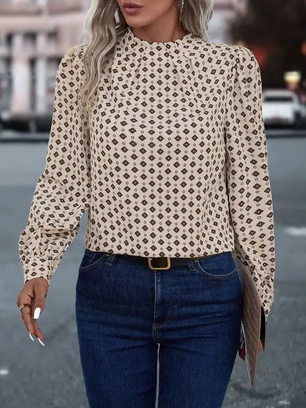 Geometric Mock Neck Blouse