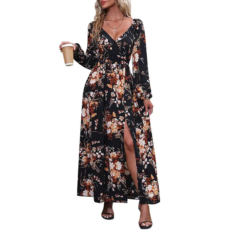 Women's V-Neck Floral Ruffled Bridal Maxi Dress
