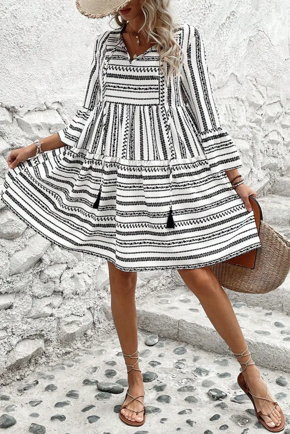 Striped V-Neck Mini Dress