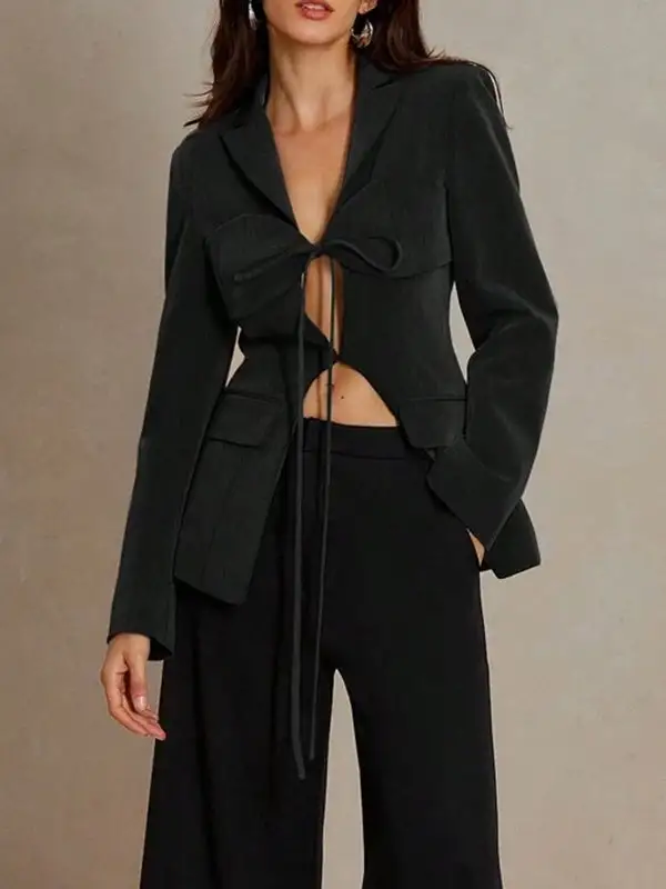 Long Sleeve Relaxed Pocket Solid Color Tie Waist Blazer