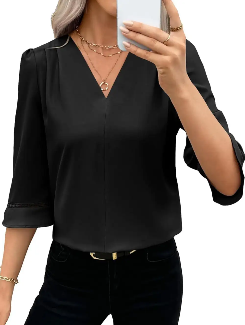 V Neck Office Three Quarter Sleeve Blouse