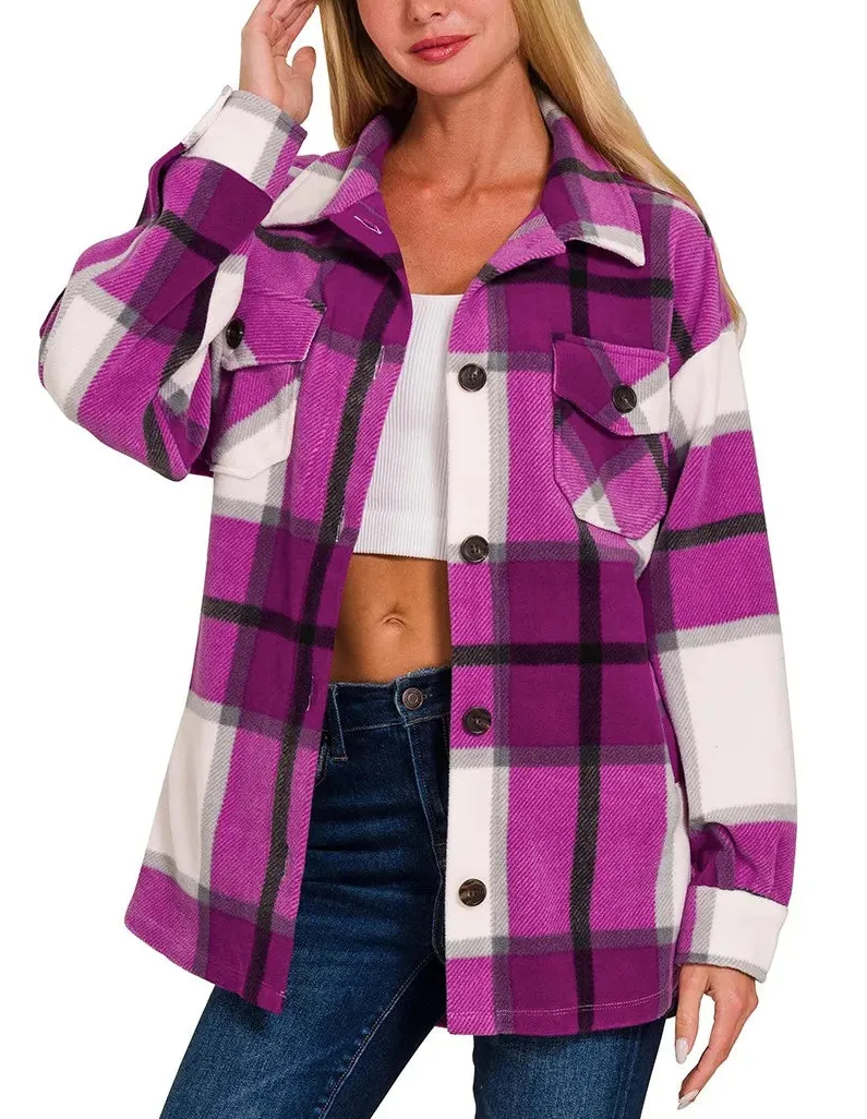 Button-Front Collared Fleece Plaid Jacket