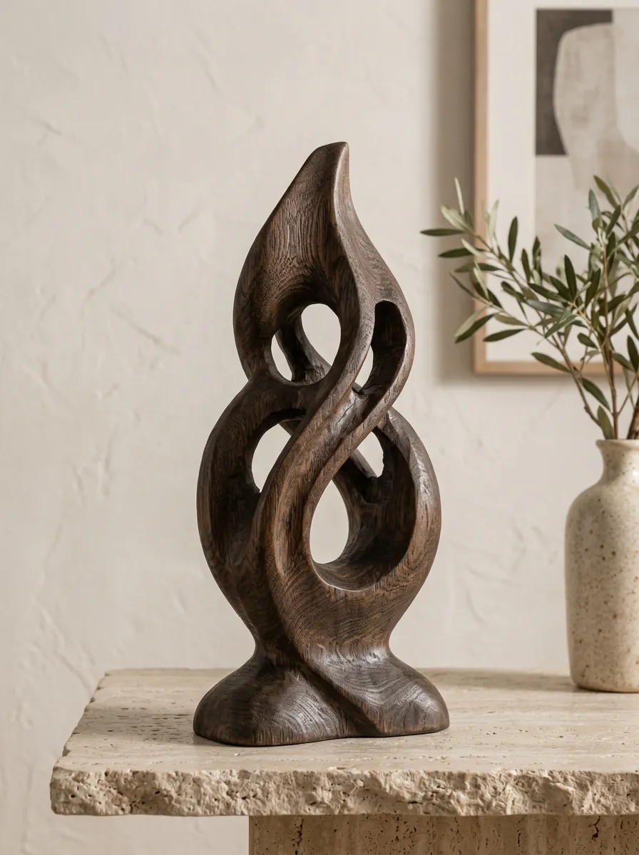 Contemporary Abstract Flame Carved Wood Sculpture Ornament