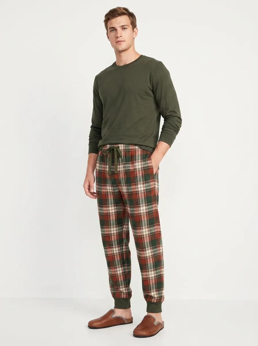 Men's Casual Loungewear Red Green Plaid Printed Pants