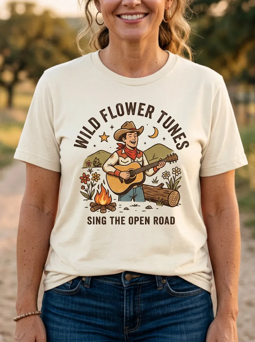 Guitar Cowboy Campfire Country Music Crewneck T-Shirt