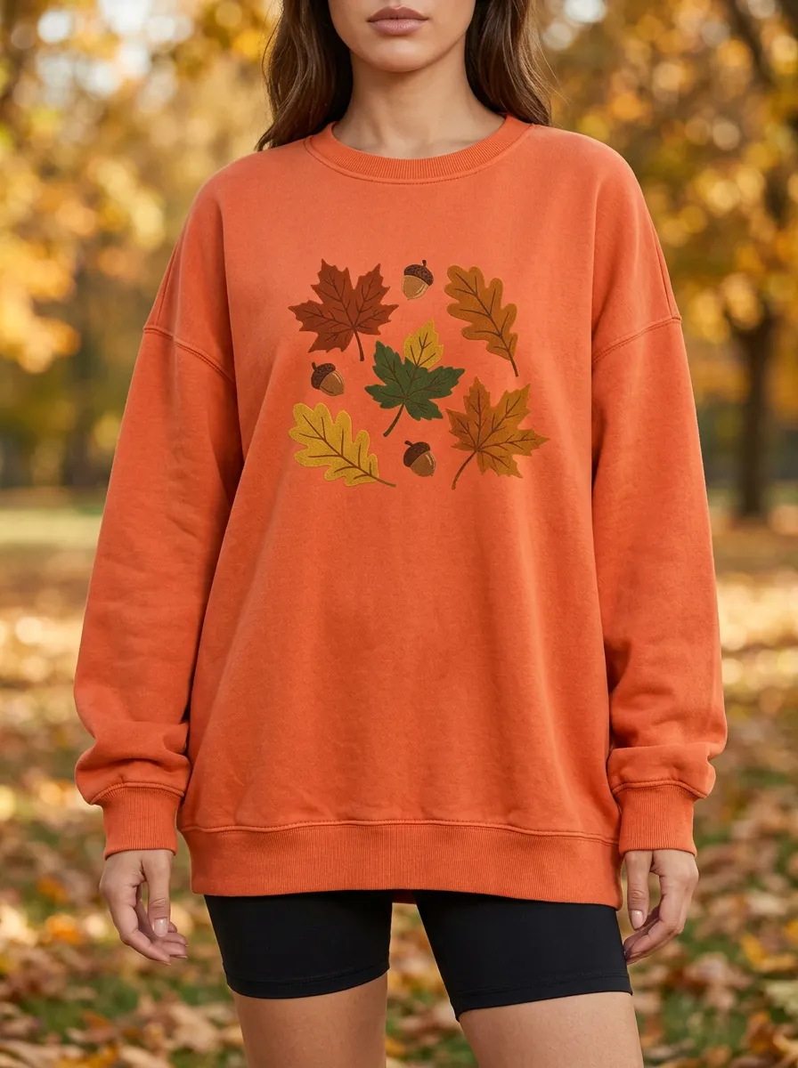 Layered Profile Maple-Leaf Printed Acorn Graphic Sweatshirt
