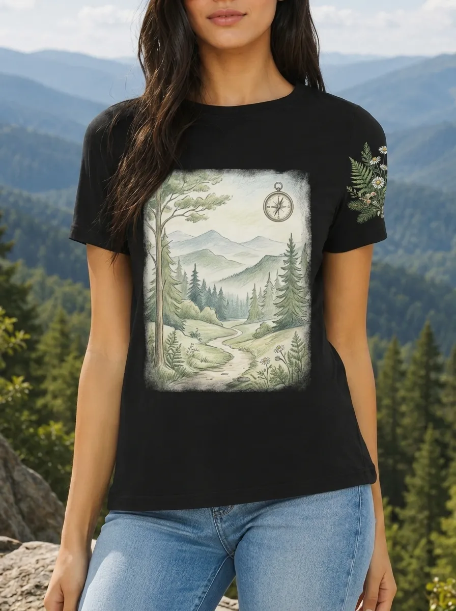 Women's Nature Lover Forest Compass Mountain Printed T-shirt