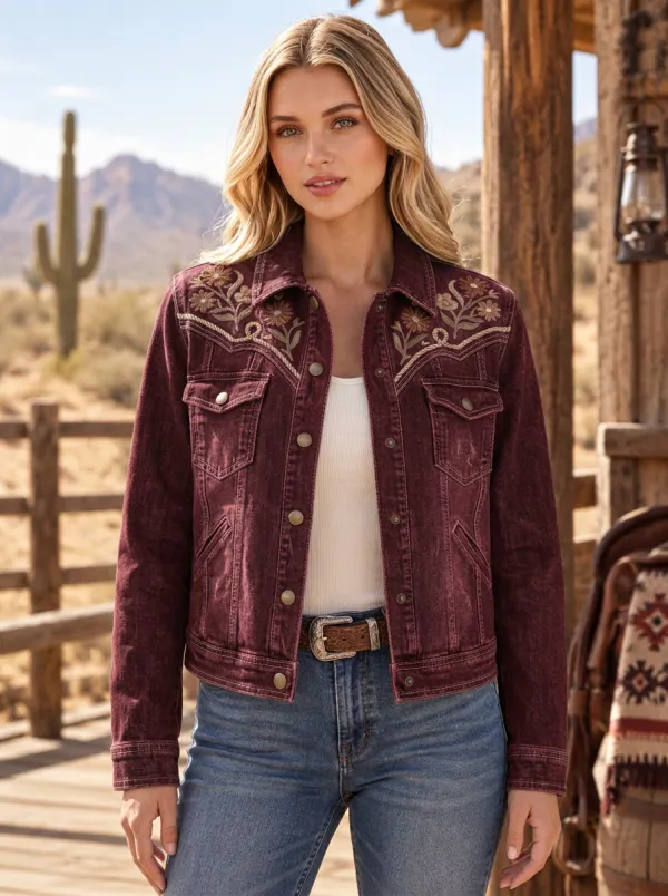 Women's Rustic Western Cowgirl Floral Embroidery Floral Embroidered Denim Jacket