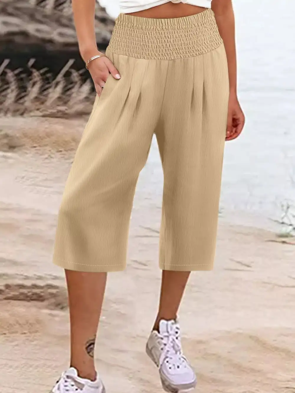 Wide Leg Cropped Smocked Waist Elastic Waist Pants