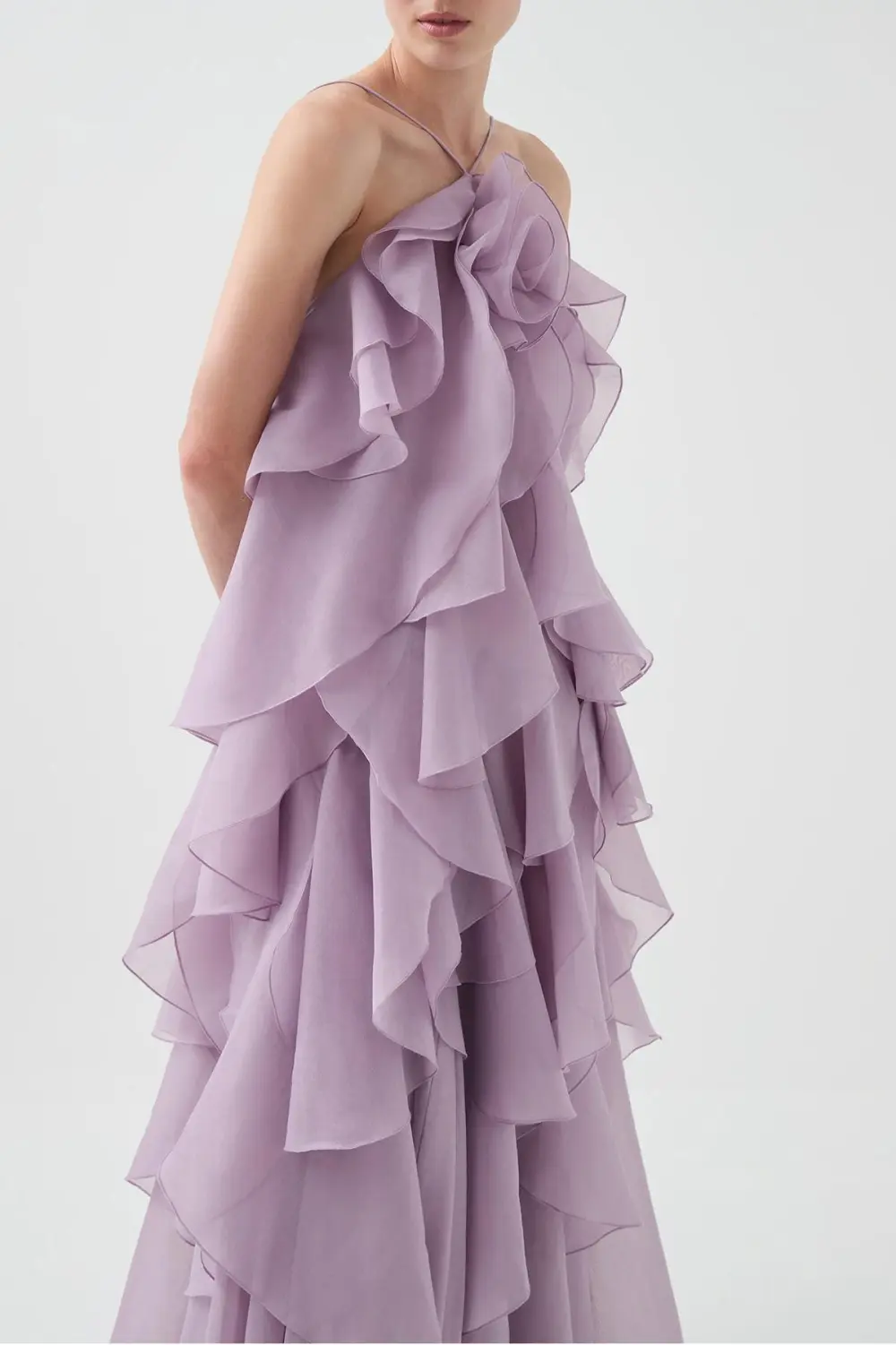 3D Flower Halter Neck Frill Maxi Dress