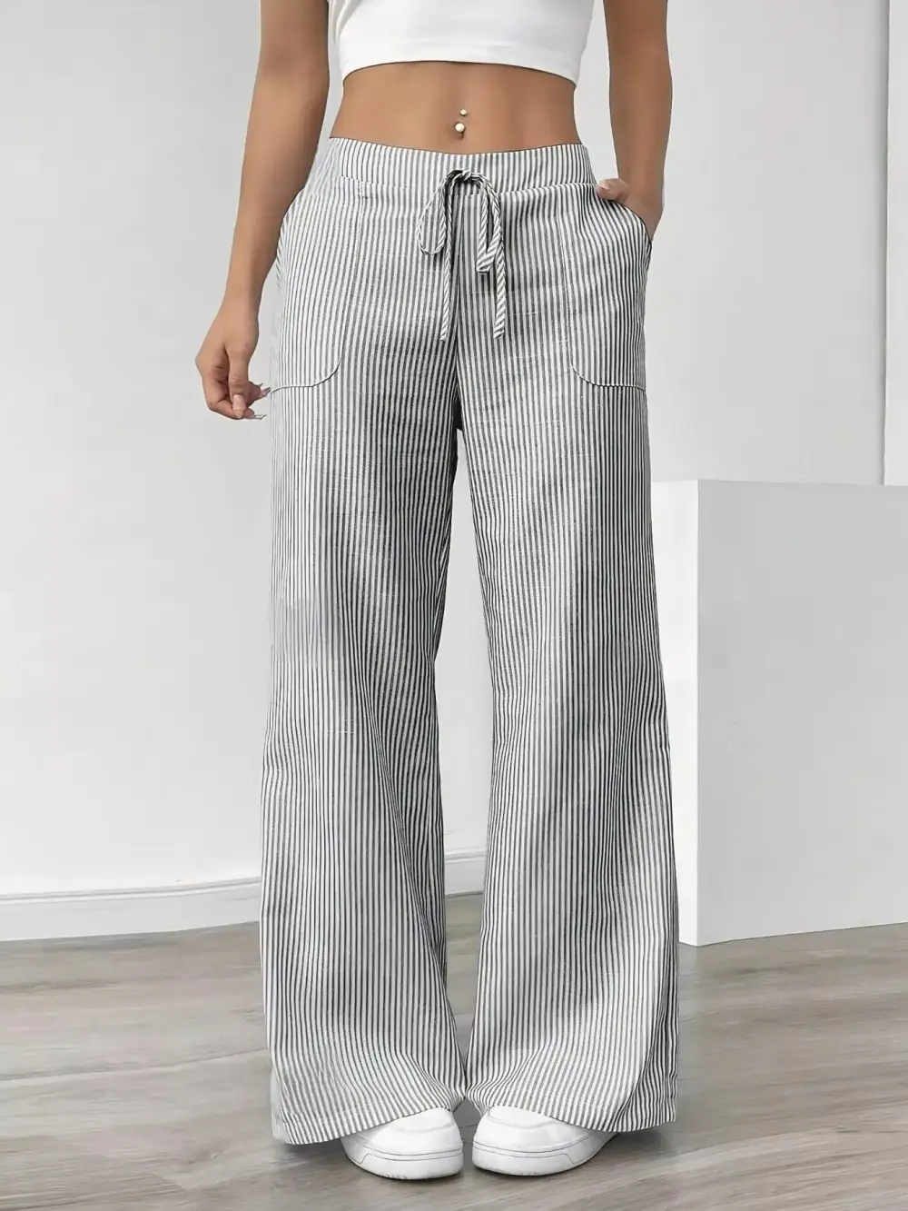 Wide Leg Striped Pocketed Casual Pants