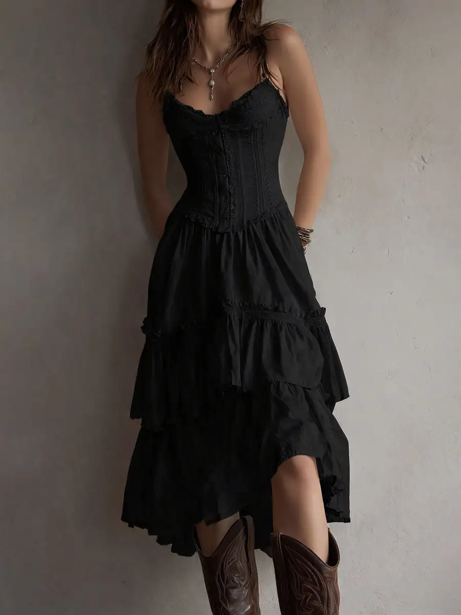Retro Boho Corset Tiered Midi Dress With Lace-Trim