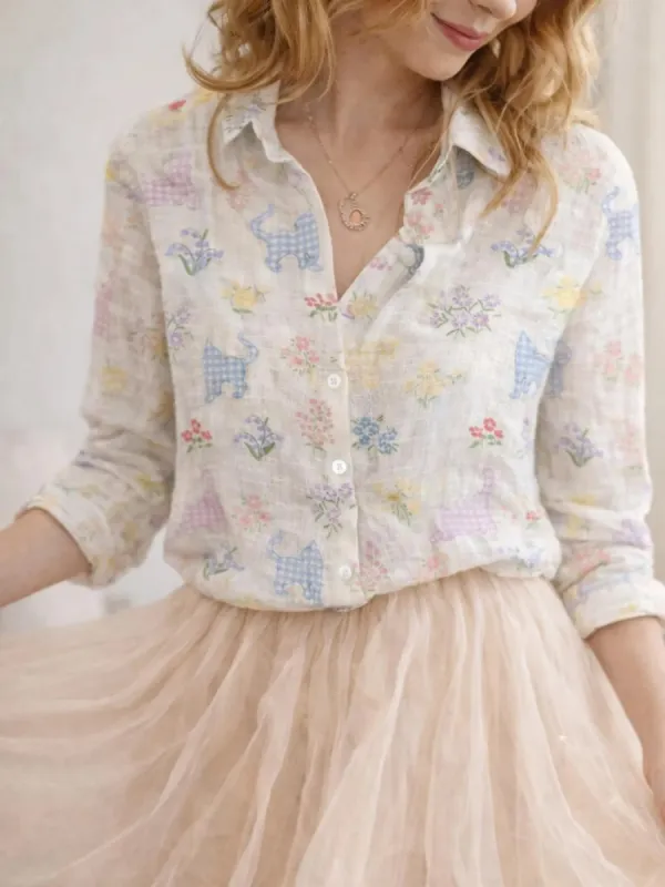 Cat Floral Print Button-Up Shirt