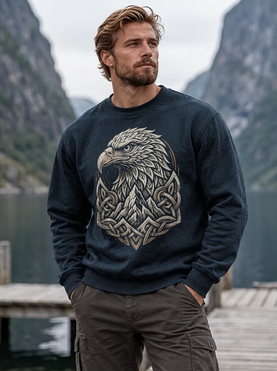 Men's Viking-Inspired Eagle Mountain Celtic Knot Crewneck Sweatshirt