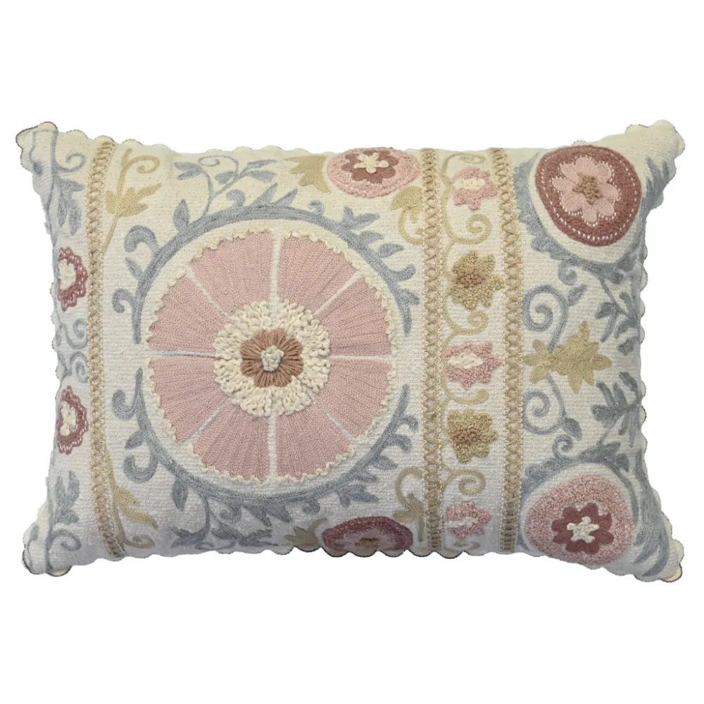 Artisan Design Hand Embroidered Floral Botanical Cotton Lumbar Decorative Cushion Cover